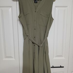 DKNY Olive Shirt Dress Sleeveless Belted Button Pockets Knee Length Size 16